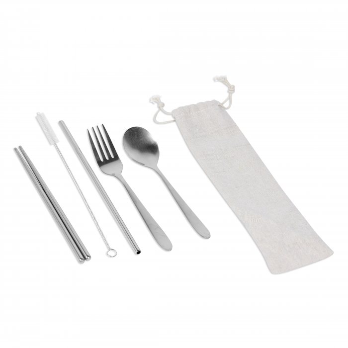 Stainless Steel Cutlery Set with Straw in Canvas Pouch