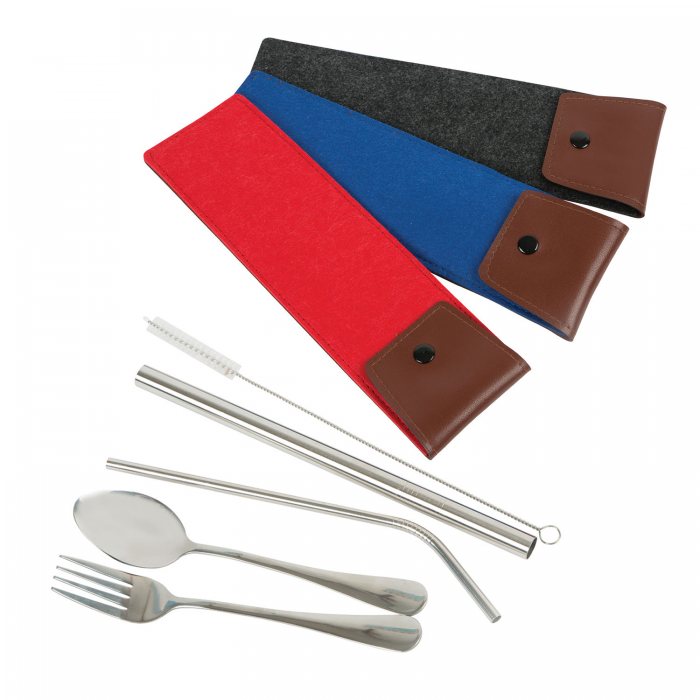 Stainless Steel Cutlery Set with Straws (Felt Pouch)
