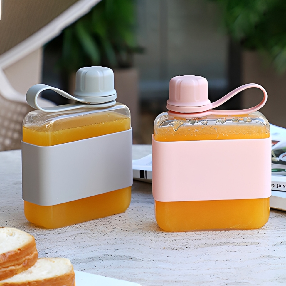 320ml Sleek Square Flat Water Bottle with Silicone Sleeve