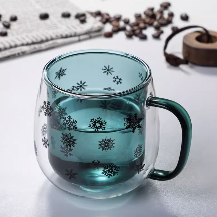 340ml Double Wall Snowflakes Glass Mug 