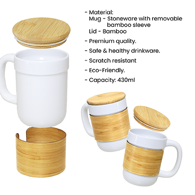 430ml STONEWARE Ceramic Mug with Bamboo Sleeve Lid