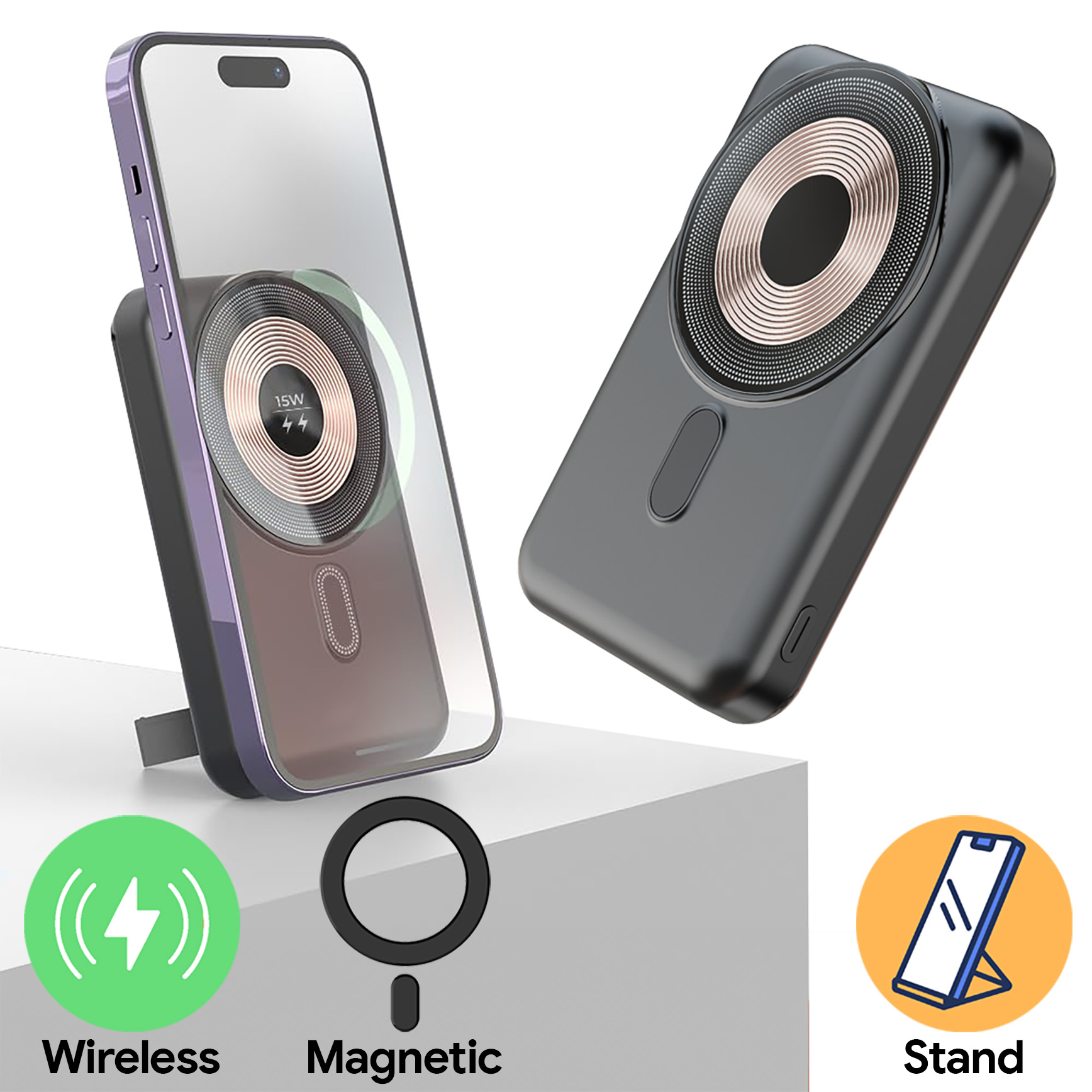 10,000mAh Kompac Magnetic Wireless Powerbank With Phone Stand