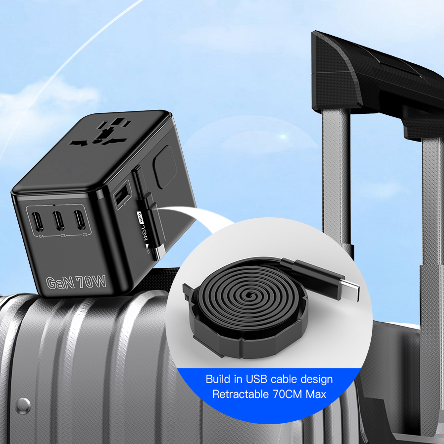 70W GaN Bon Travel Adaptor with Retractable Cable