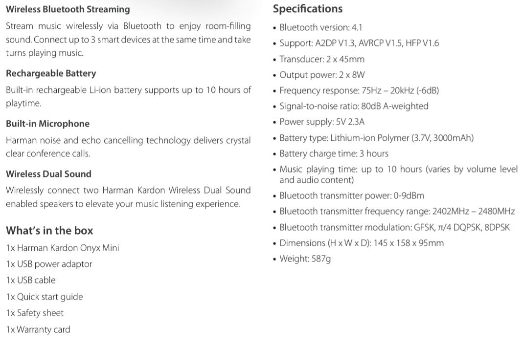 harman kardon onyx mini specs