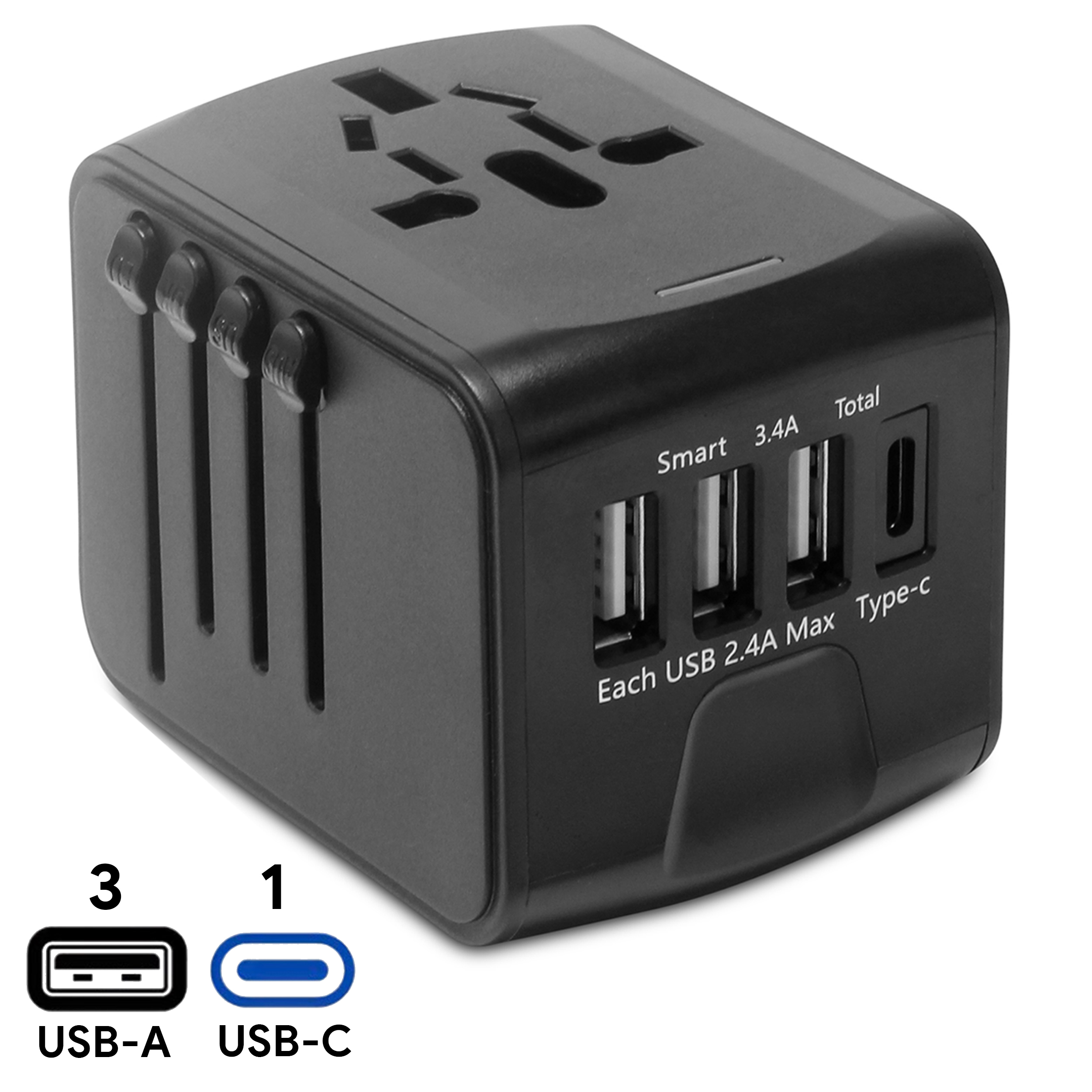 Premium Lux Travel Adaptor with Type-C and 3 USB Port (Spare Fuse)