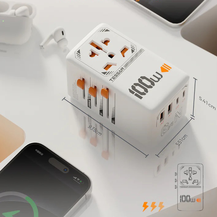 Tessan 100W Fast Charging Universal Adaptor with 2 USB C & 2 USB Charging Ports