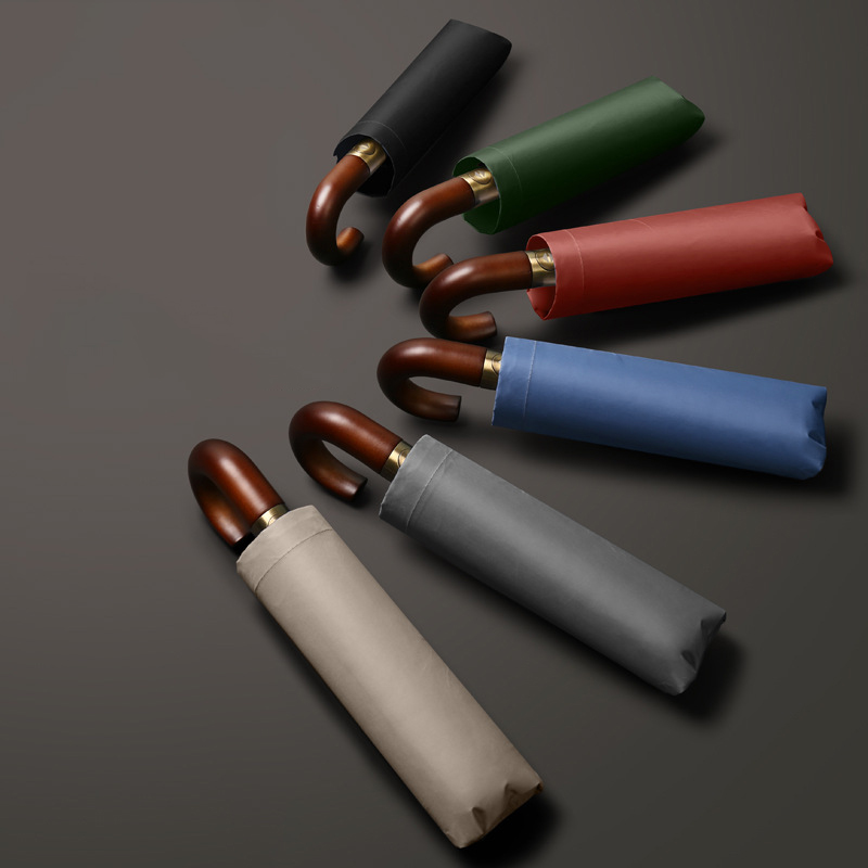 23'' Automatic Foldable Umbrella with Wooden J-Hook (with UV Coating)