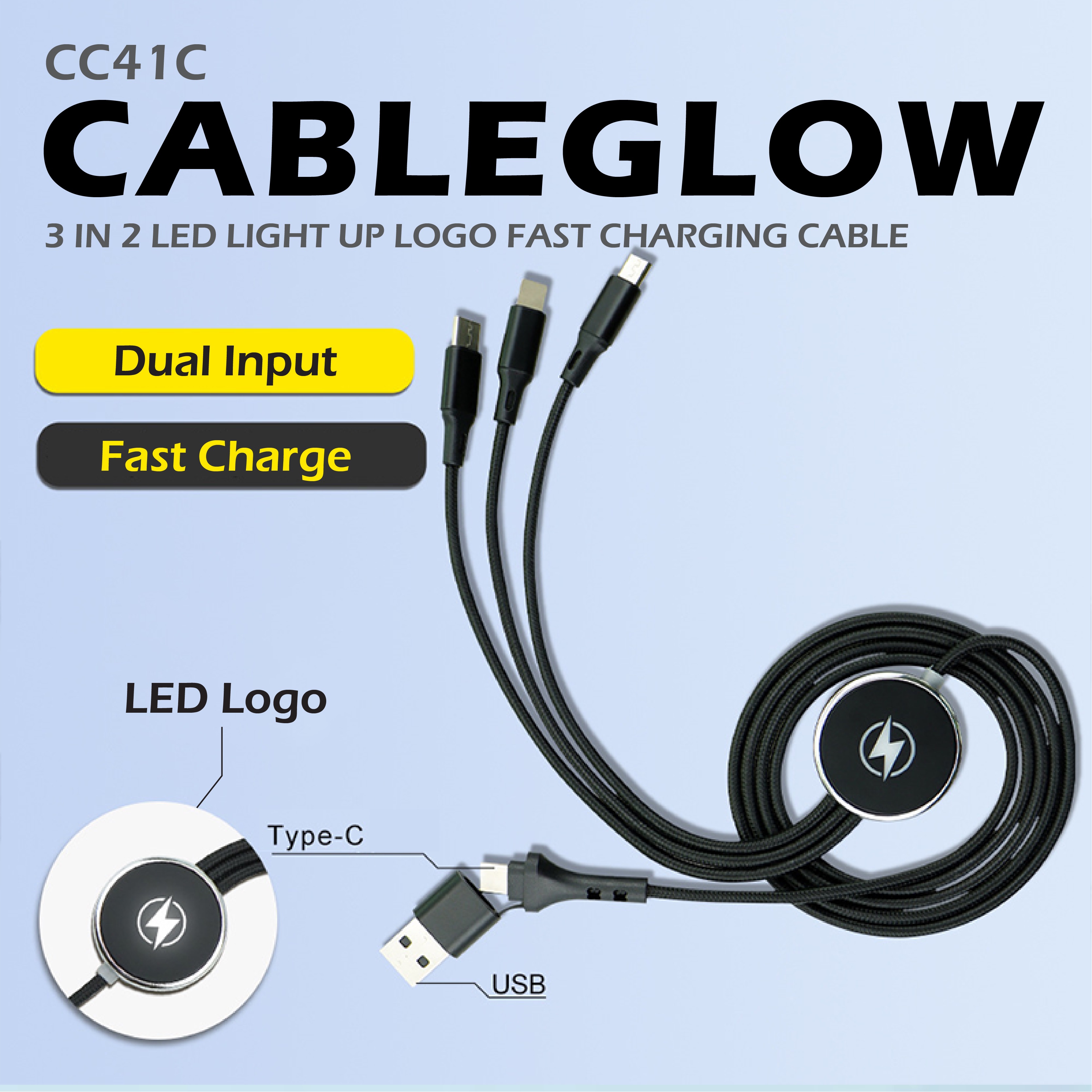 Glowy 3-in-2 LED Fast Charging Cable (3.0A)
