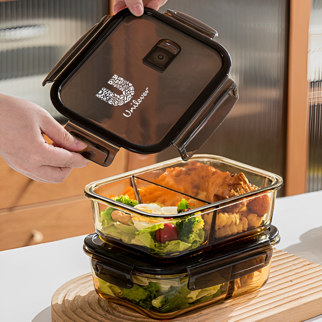 1.05L Amber Glass Lunch Box with 2 Compartments 