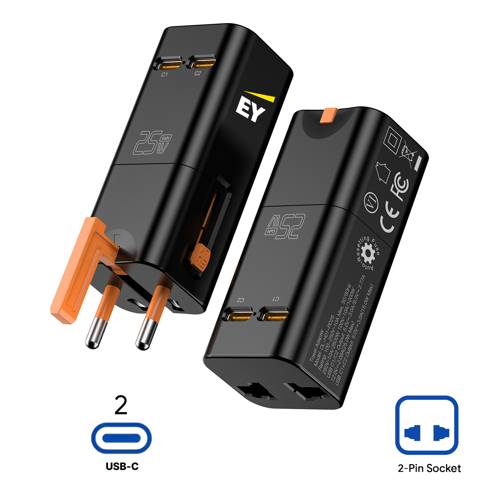 25W 2-Pin Socket Dual C Compact Travel Adapter - Wall Charger