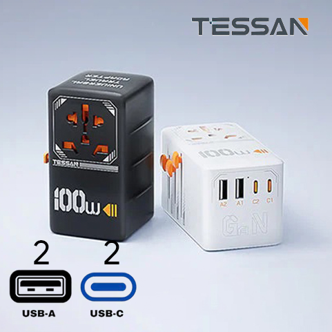 Tessan 100W Fast Charging Universal Adaptor with 2 USB C & 2 USB Charging Ports