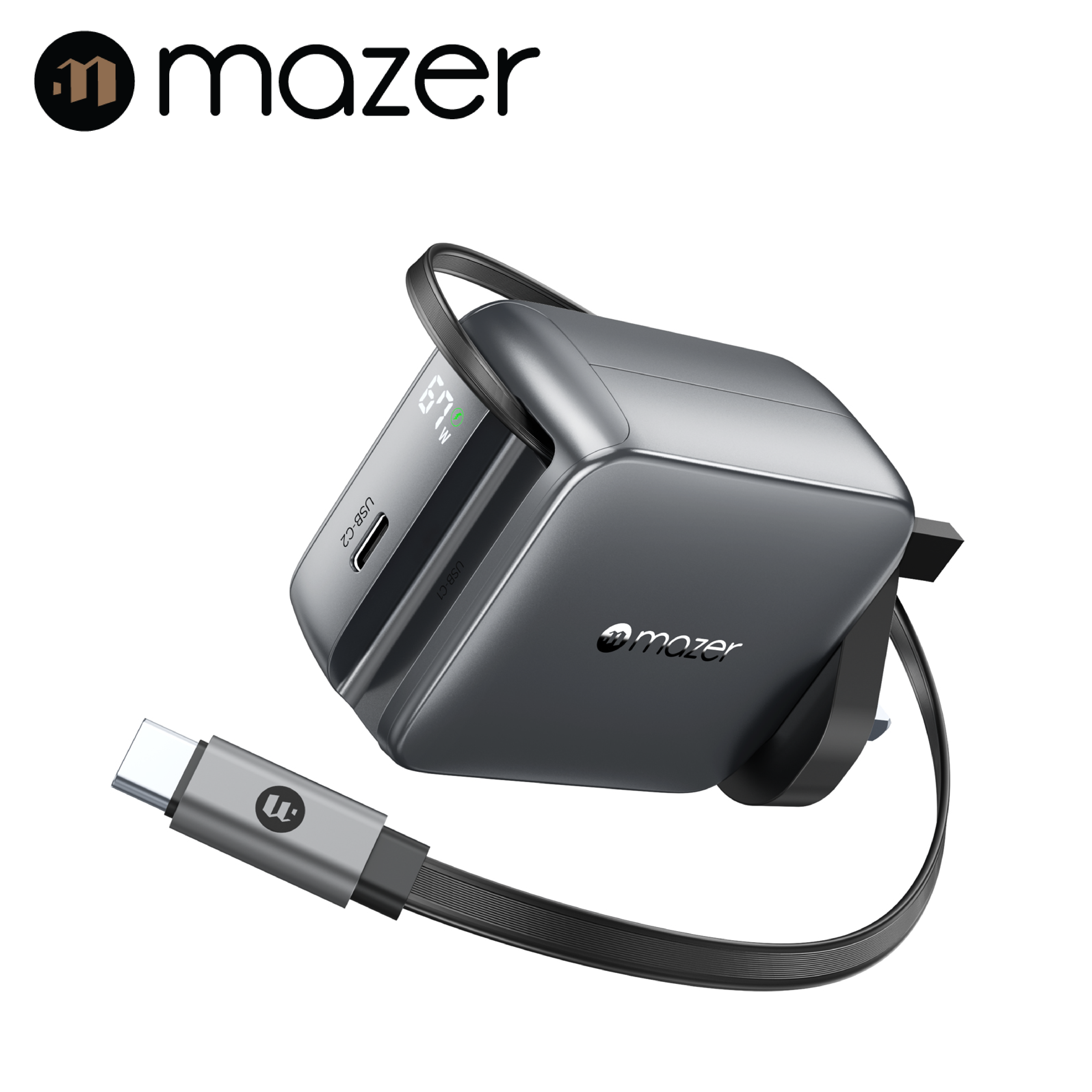 Mazer PrestigeGaN R 67W GaN Wall Charger with Retractable USB-C Cable
