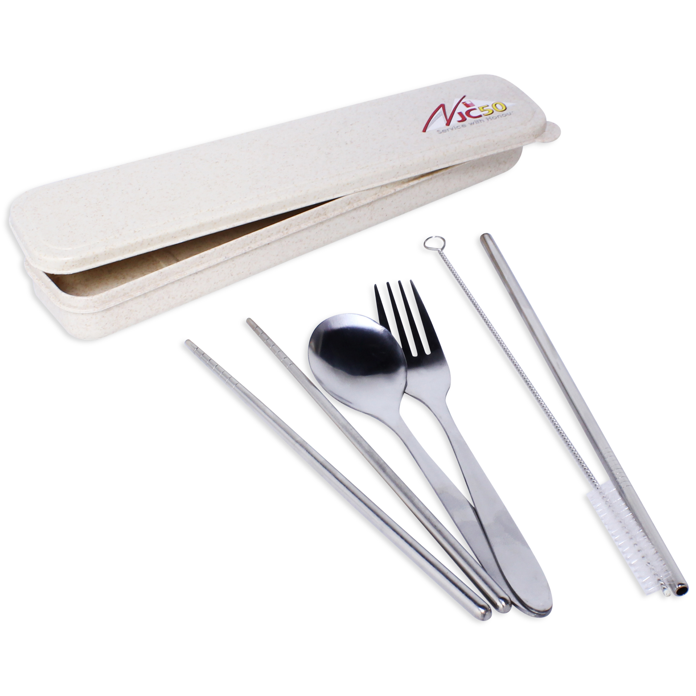 Customised Stainless Steel Cutlery Set with Straw in Wheat Case With