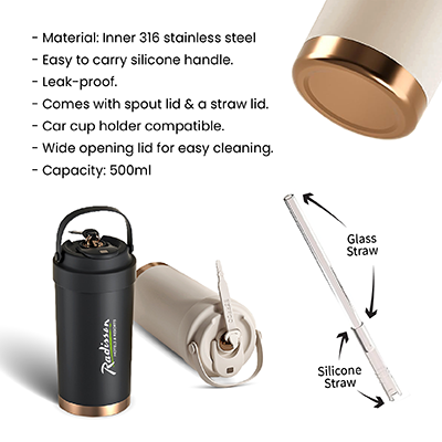 500ml GOLD Dual Lid 316 Stainless Steel Bottle with Straw Handle
