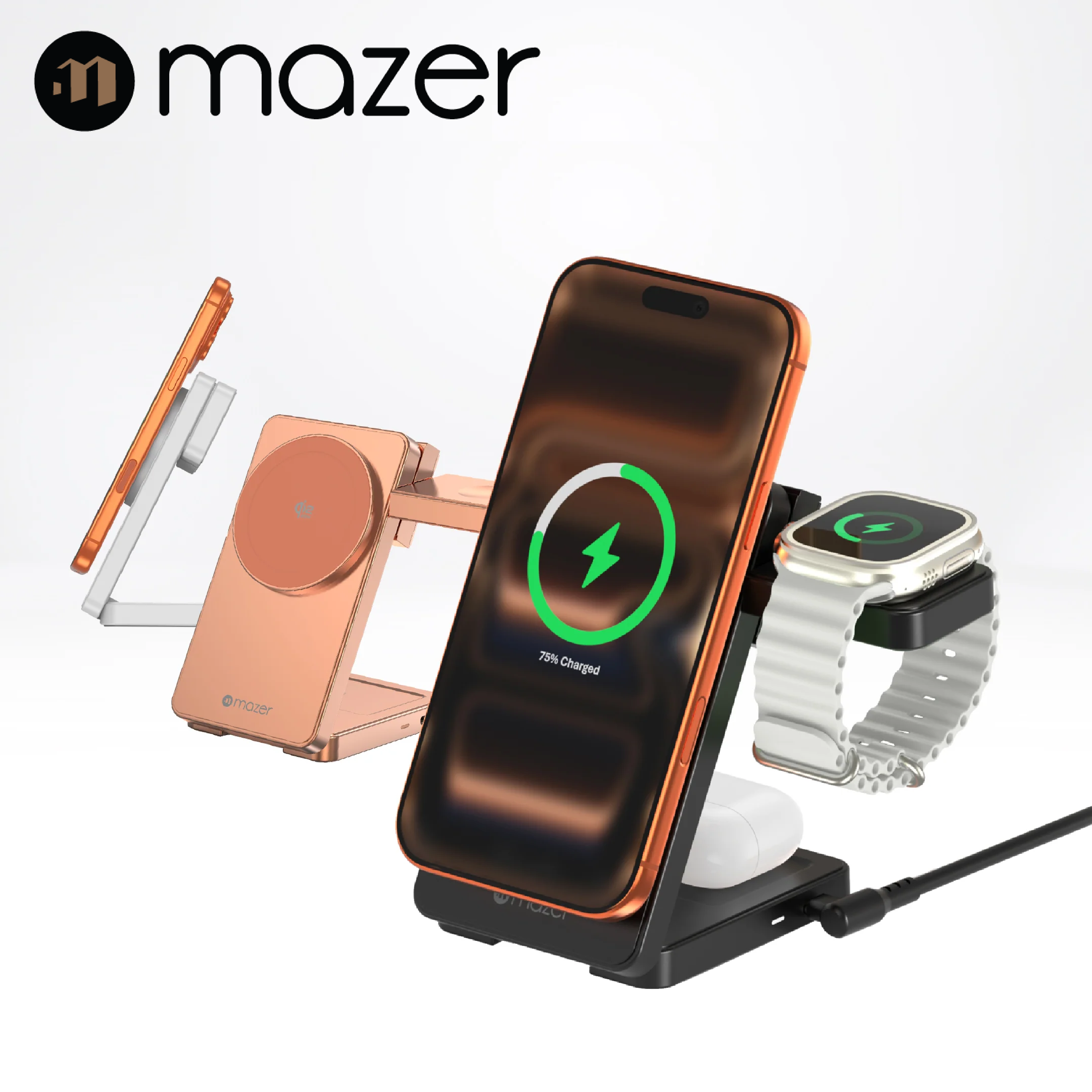 Mazer MagFold07 Qi2.2 Certified 25W Foldable 3-in-1 Wireless Charger