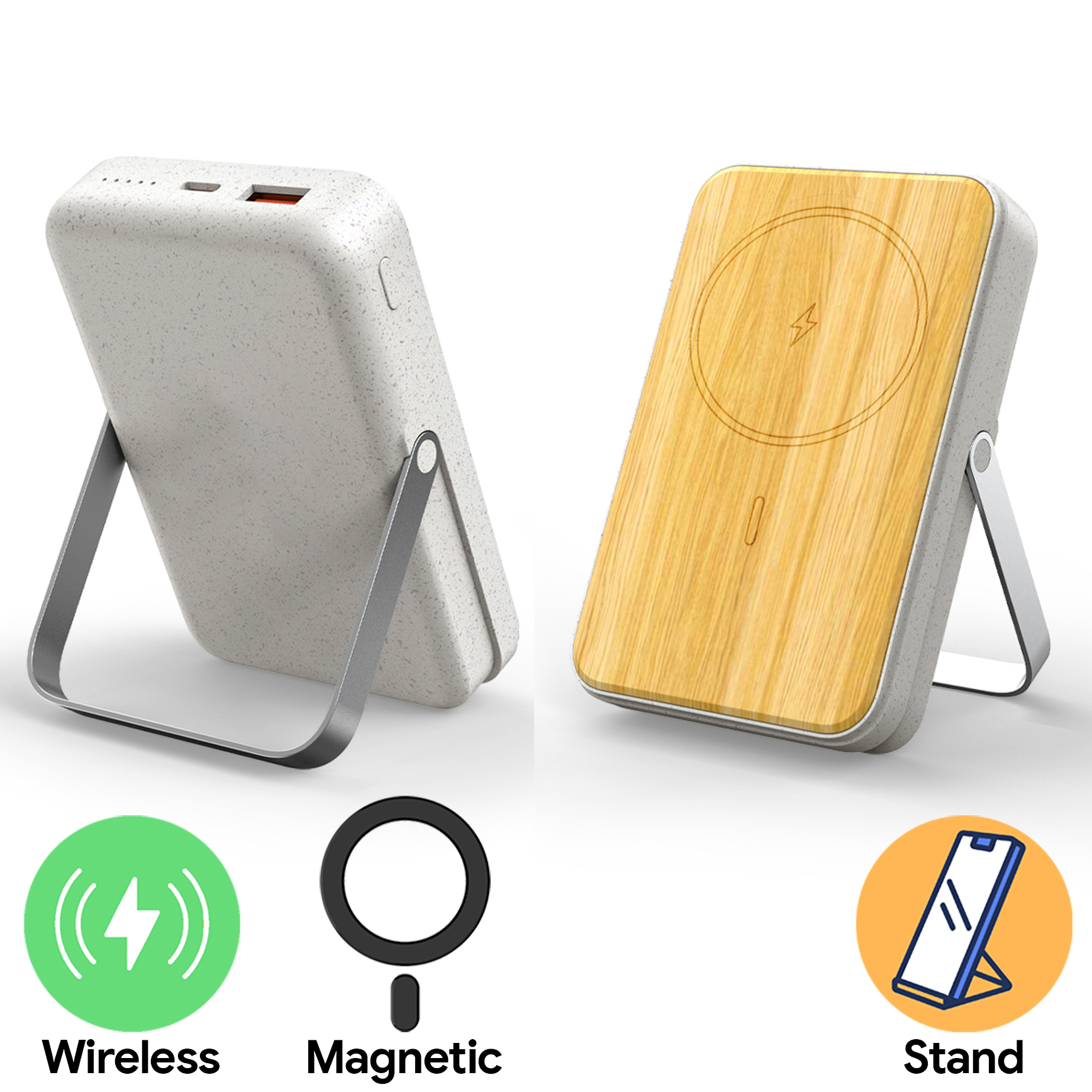 10,000mAh Wheat with Bamboo Magnetic Wireless Powerbank With Phone Stand