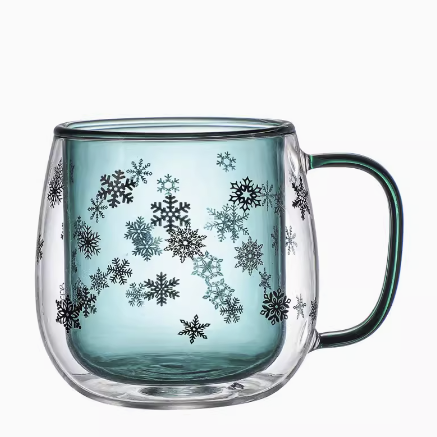 340ml Double Wall Snowflakes Glass Mug 