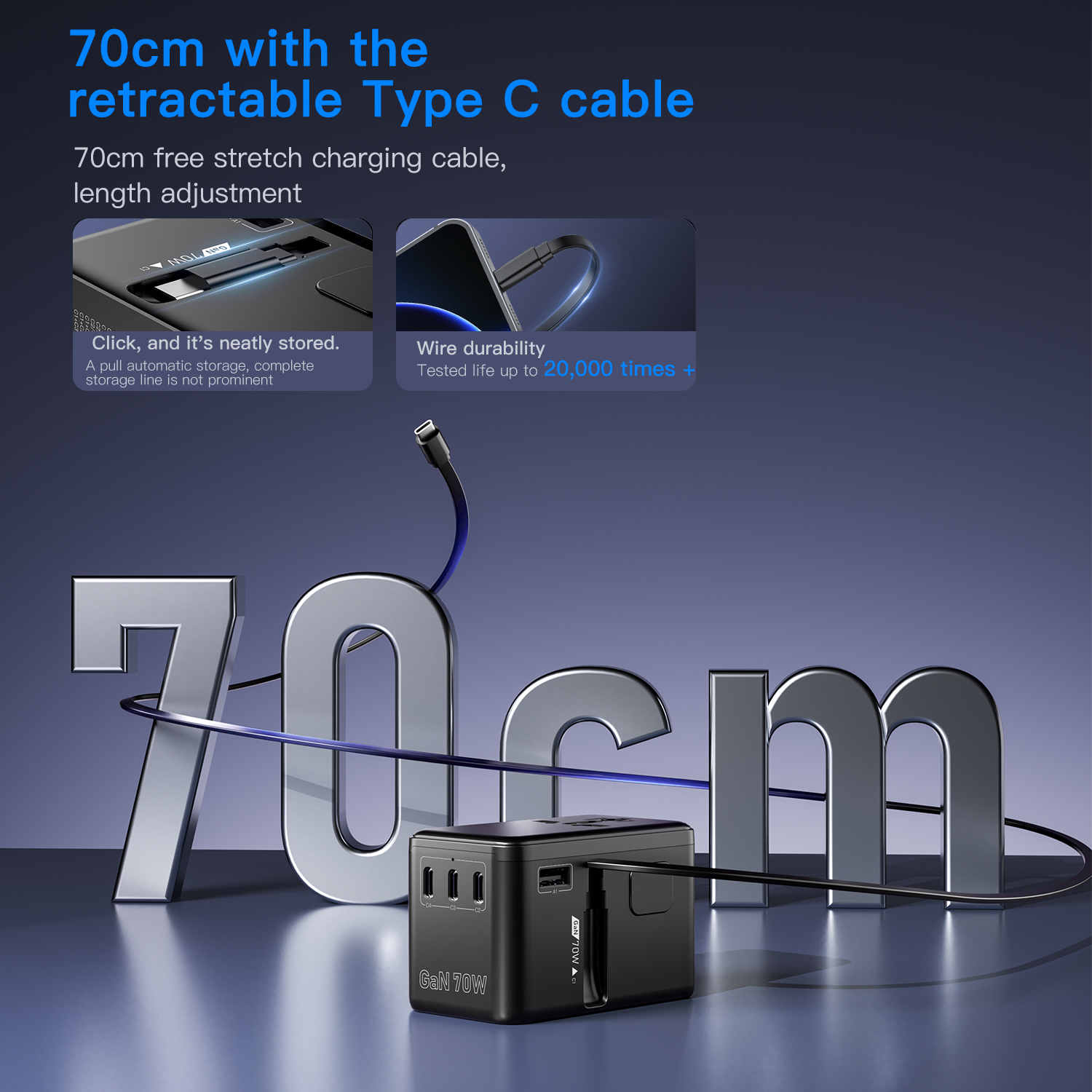 70W GaN Bon Travel Adaptor with Retractable Cable