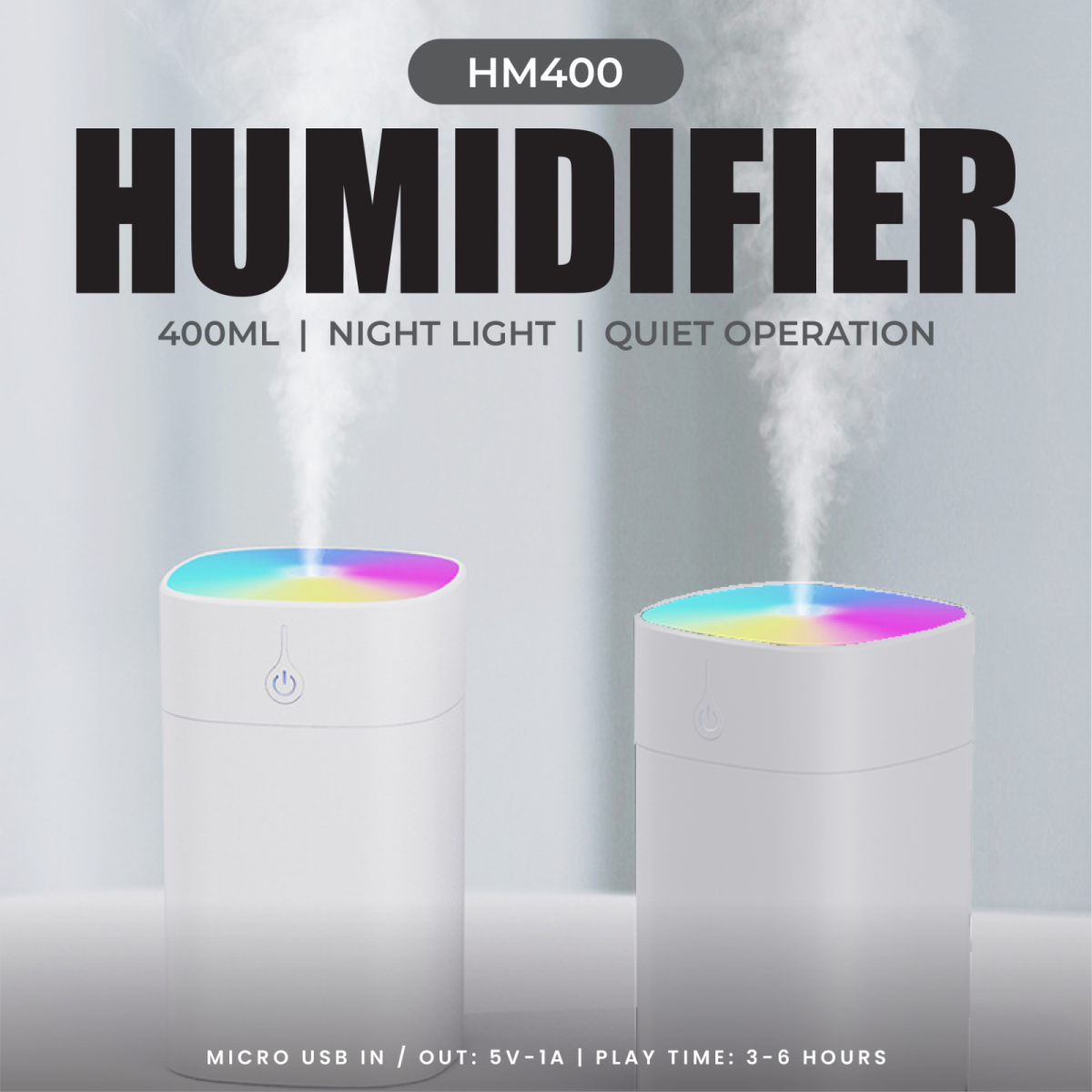 Humidifier 400ml With Colorful Ambience Light
