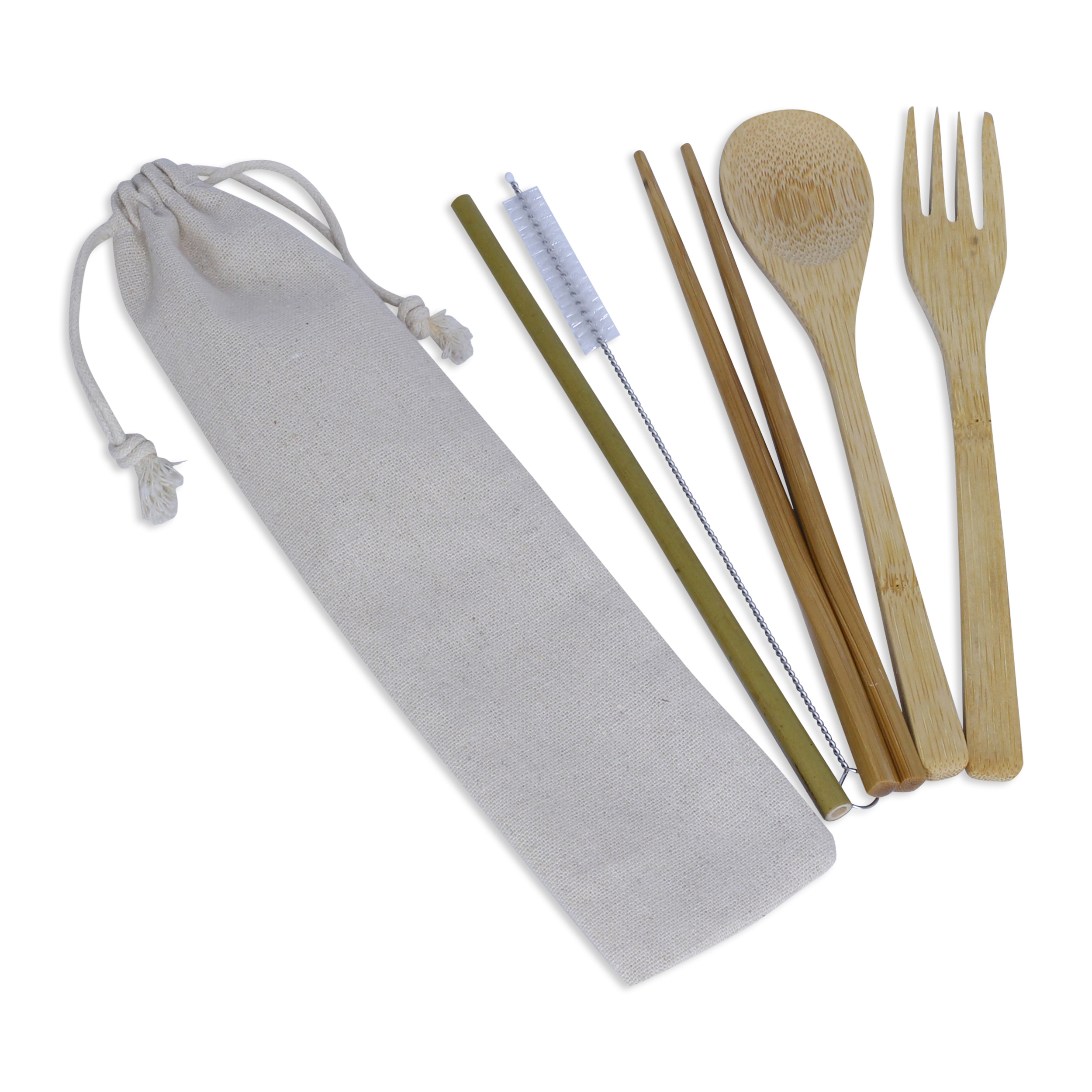 Bamboo Cutlery Set with Straw in Canvas Pouch