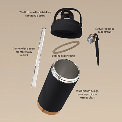 500ml GOLD Dual Lid 316 Stainless Steel Bottle with Straw Handle