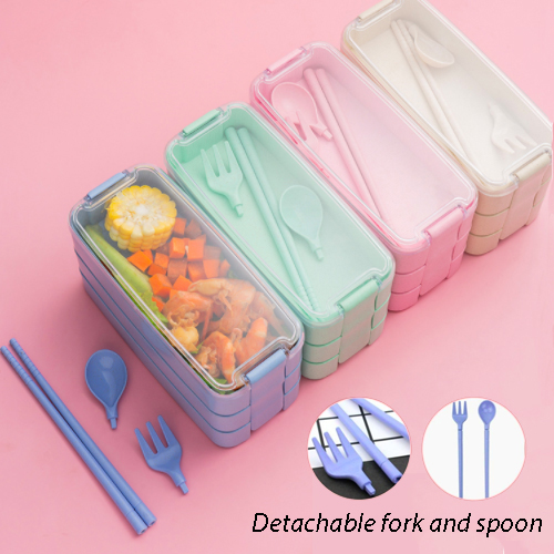 3-Layer Wheat Lunch Box with Cutlery