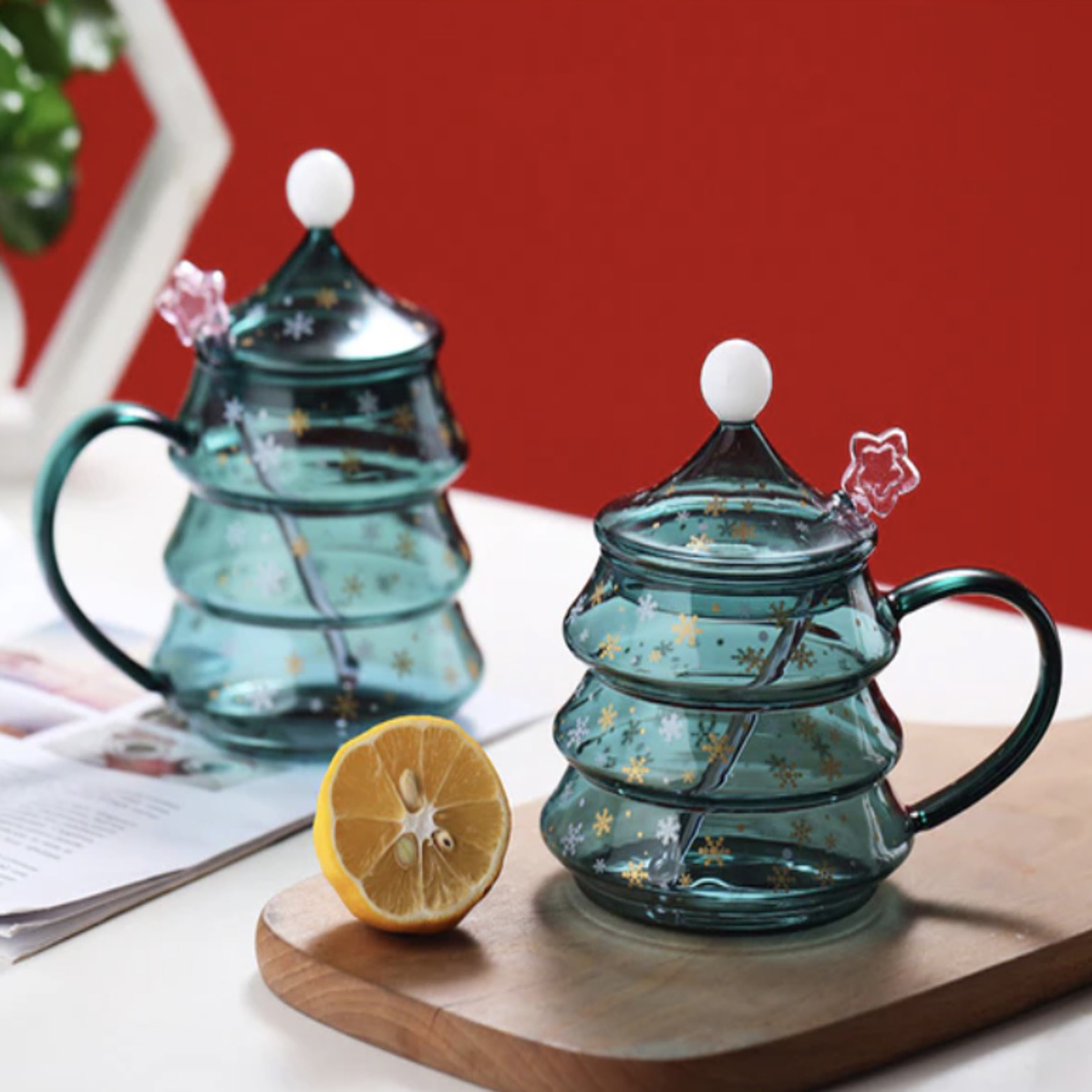 400ml Christmas Tree Shaped Glass with Spoon 