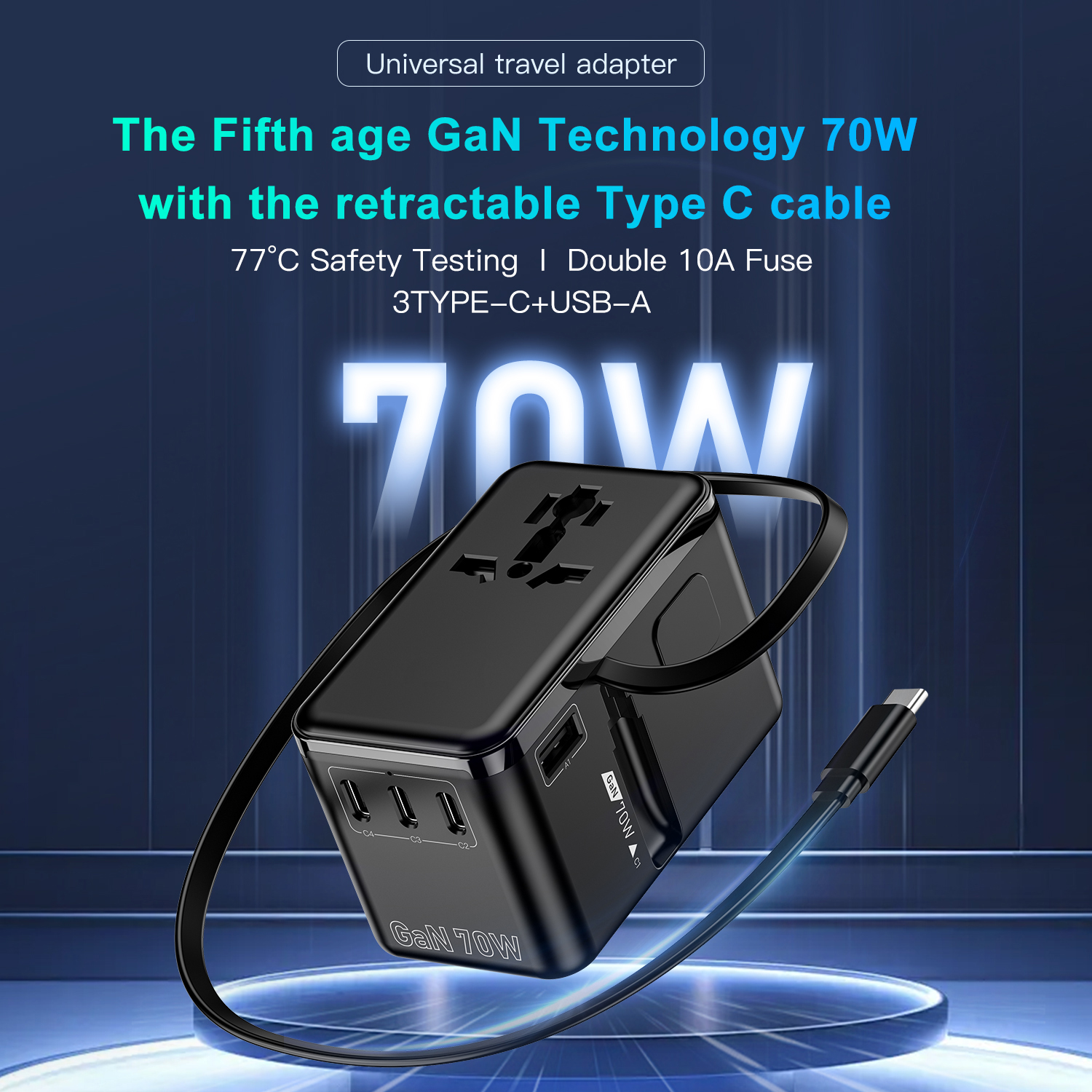 70W GaN Bon Travel Adaptor with Retractable Cable