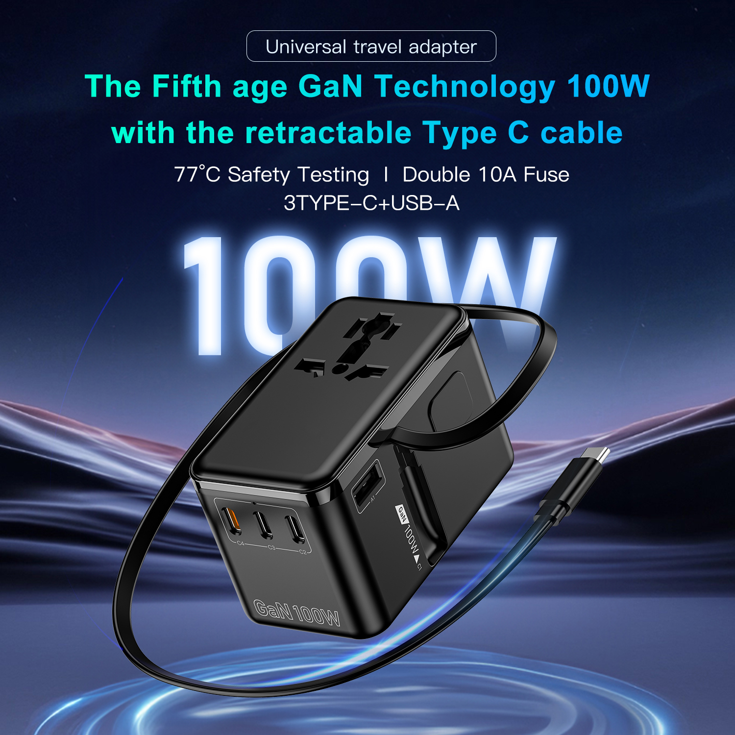 100W GaN Bon Travel Adaptor with Retractable Cable