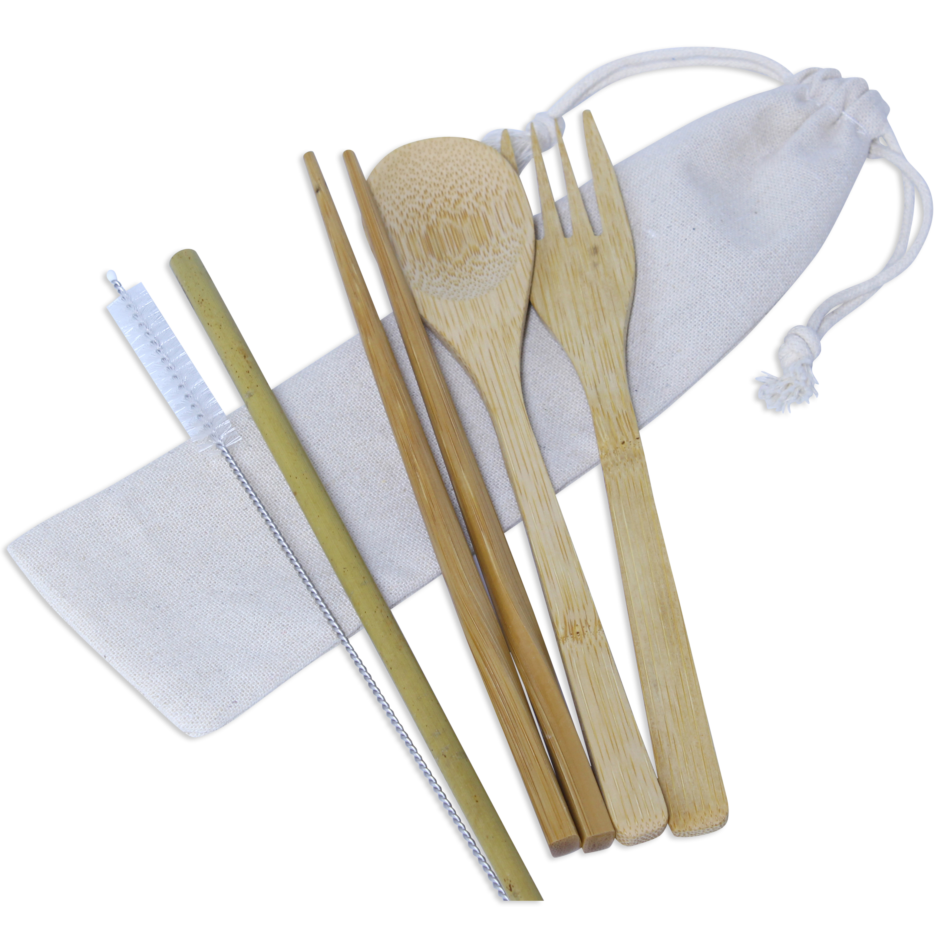 Bamboo Cutlery Set with Straw in Canvas Pouch
