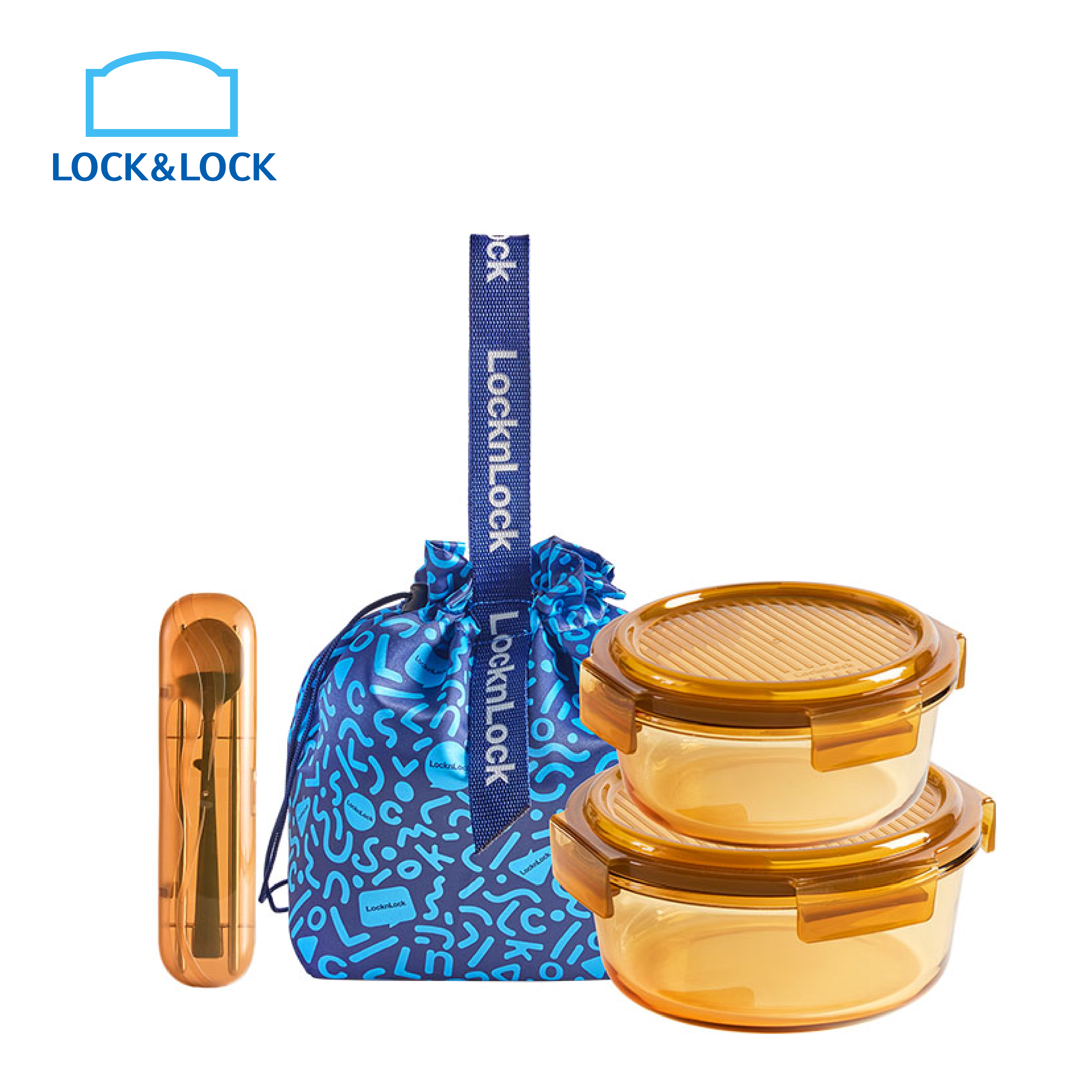 Lock&Lock Rhine Dynamic Amber Round Glass Food Storage Container 4-Piece Set