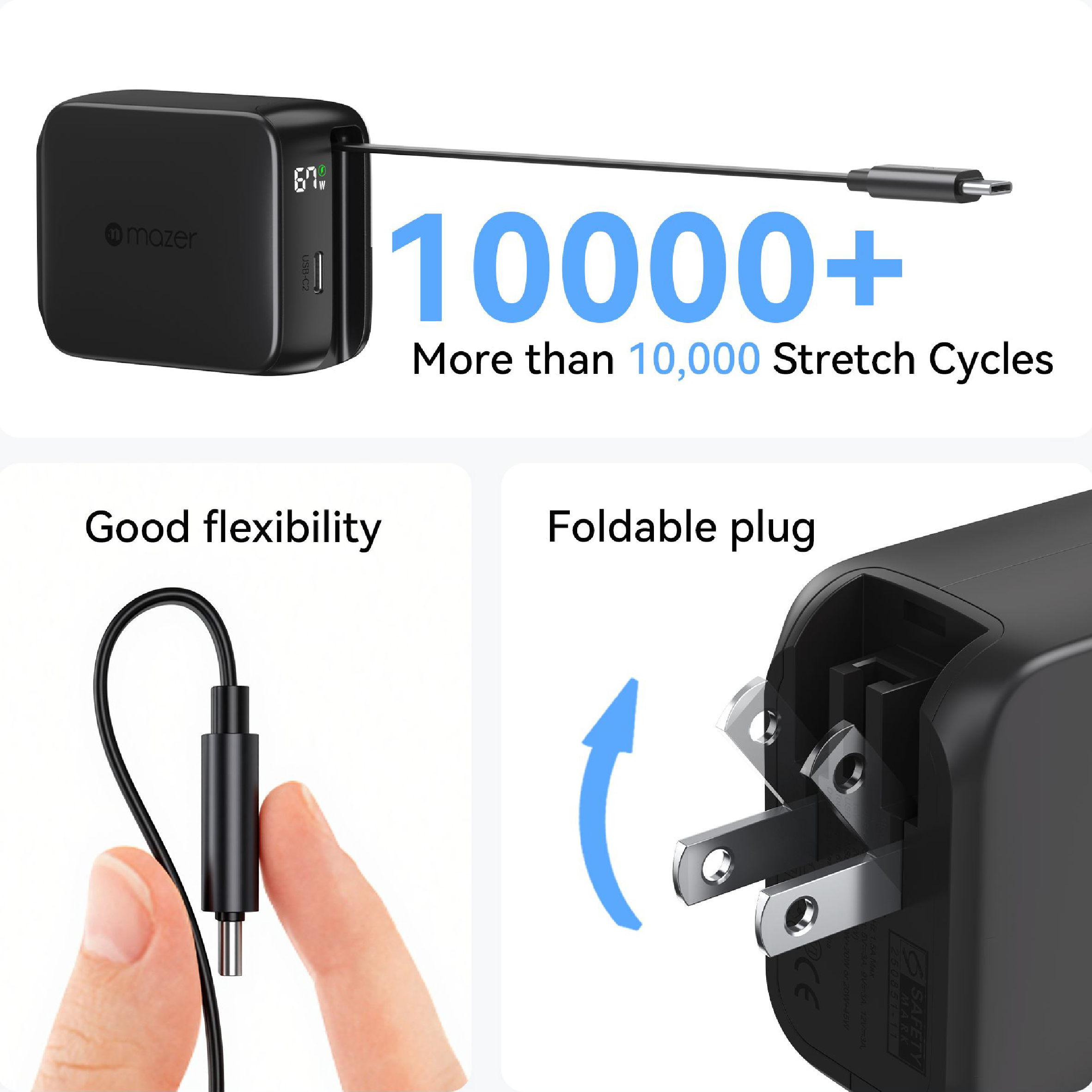 Mazer PrestigeGaN R 67W GaN Wall Charger with Retractable USB-C Cable - Wall Charger