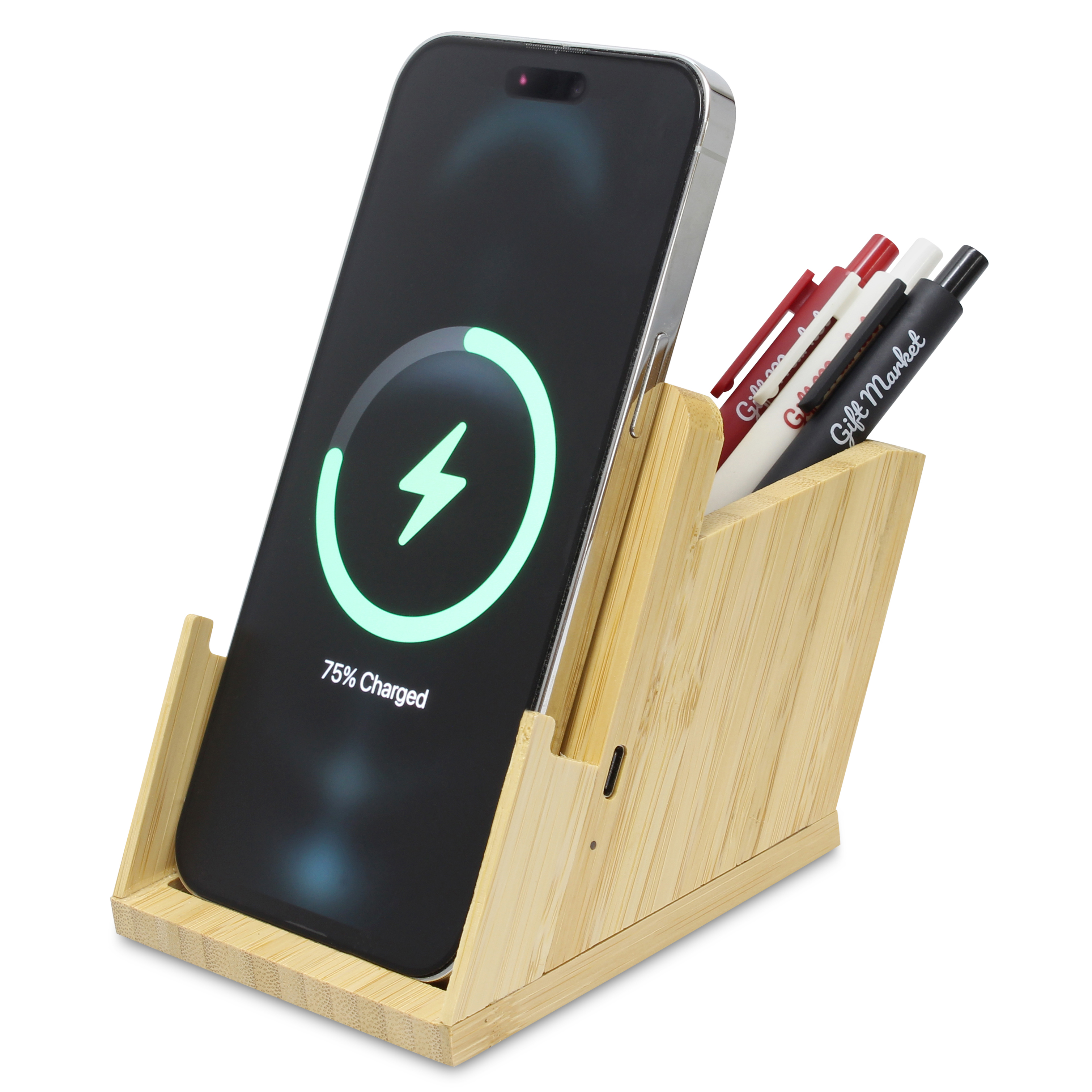 15W Bamboo Wireless Charger Phone Stand With Pen Holder