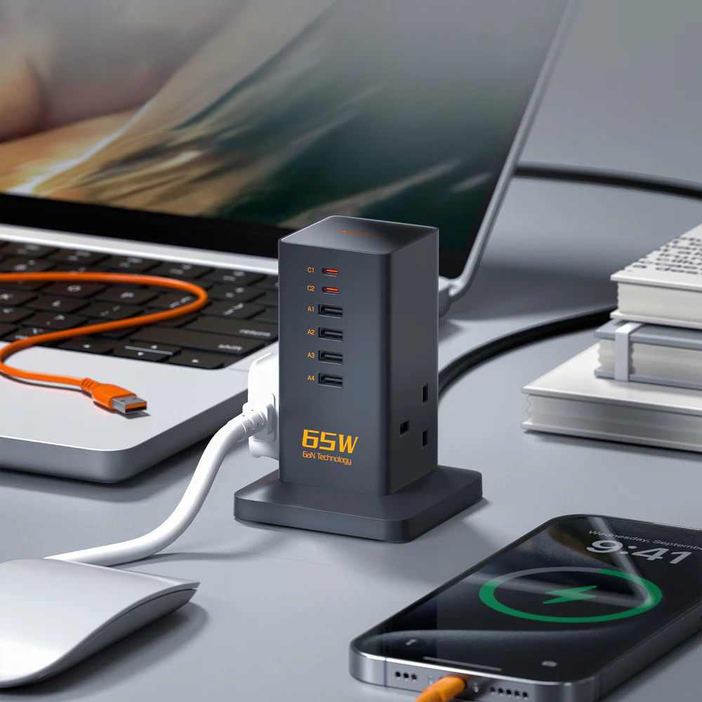 Tessan 65W GaN Charger Multiple Extension Cord Extension Tower with USB C Charging Station