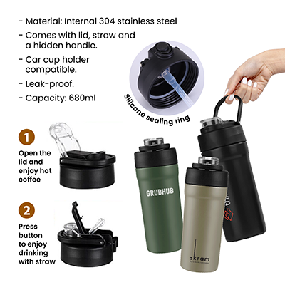 680ml TIGO Stainless Steel Bottle with Straw Carry Handle
