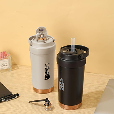 500ml GOLD Dual Lid 316 Stainless Steel Bottle with Straw Handle