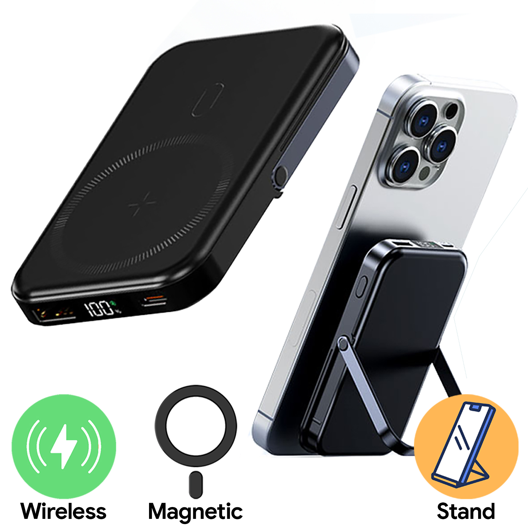 10,000mAh Flipp Magnetic Wireless Powerbank With Phone Stand
