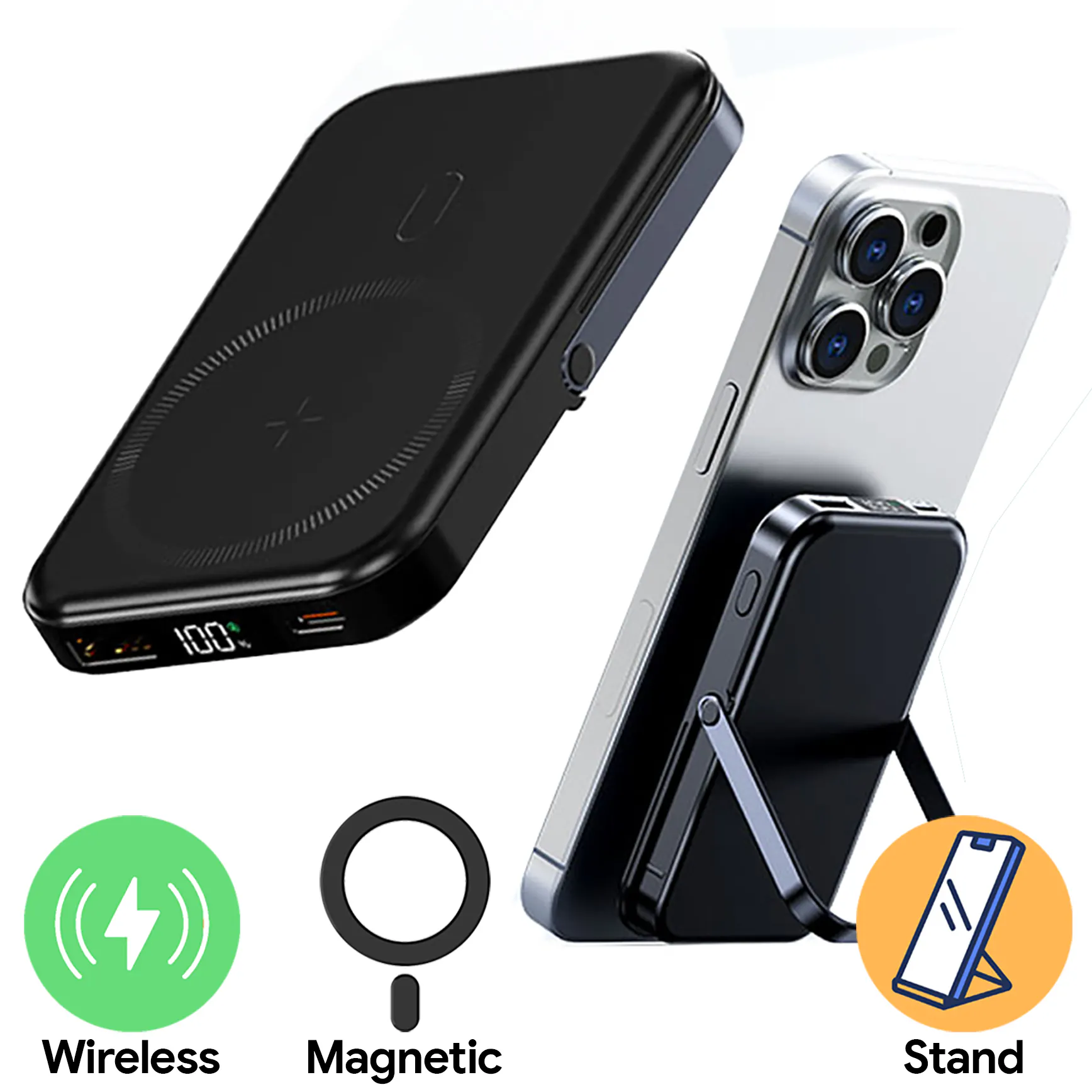 10,000mAh Flipp Magnetic Wireless Powerbank With Phone Stand
