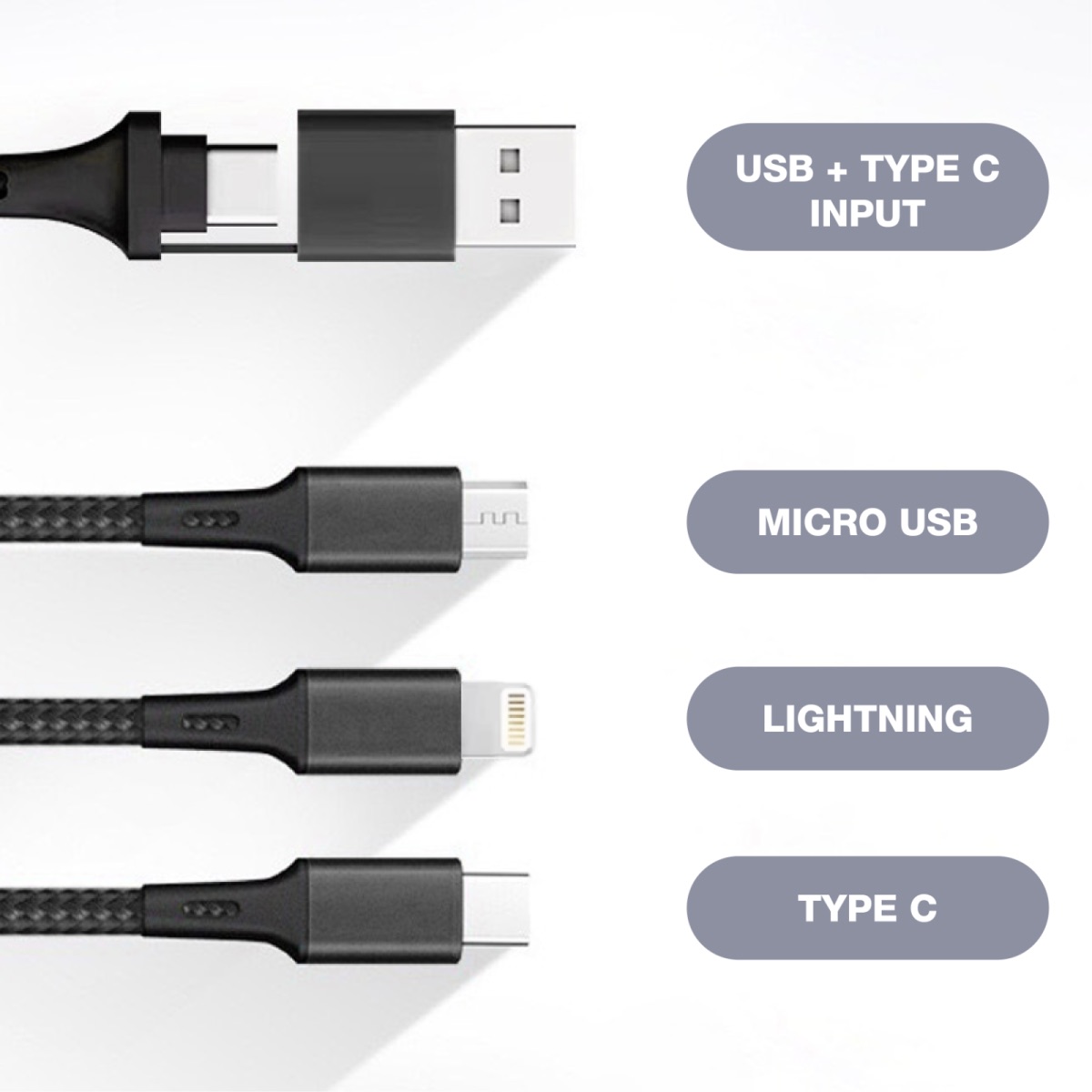 3 in 2 Fast Charging Multi Cable  (with Type-C+Type-A) 