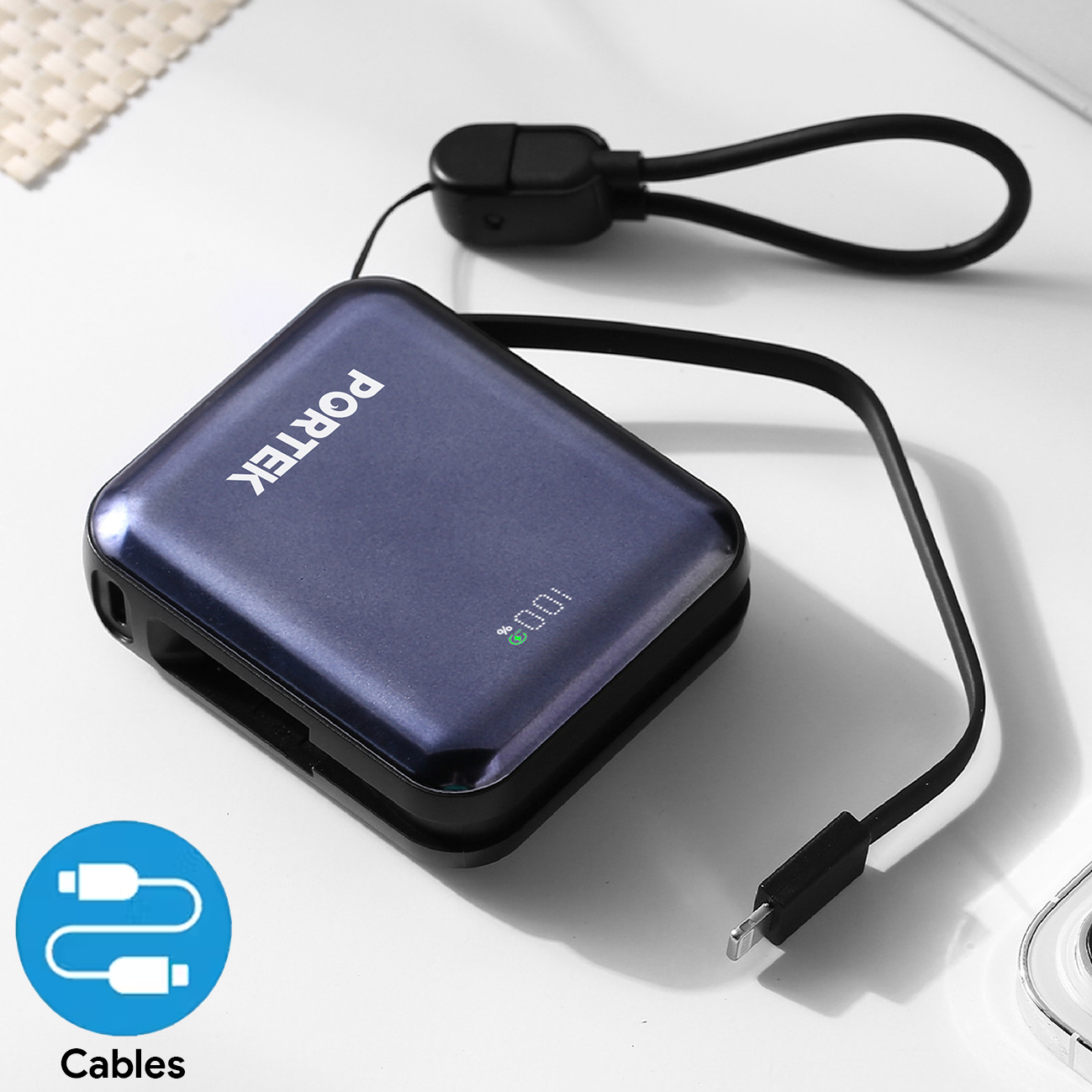 10,000mAh Pocket Power Bank with Cables