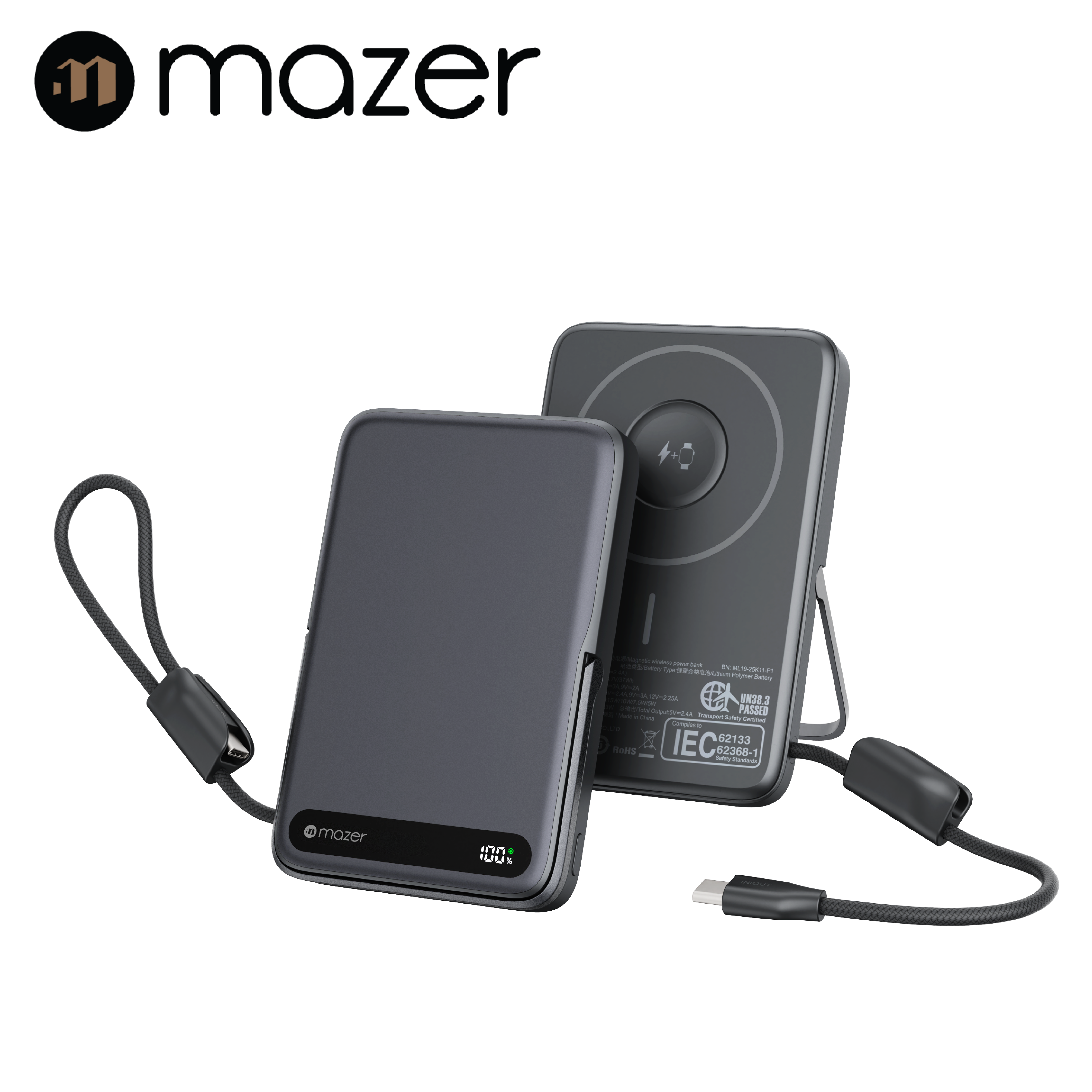 Mazer 10,000mAh MagLink19 Magnetic Wireless (Built-in USB-C Cable) Apple Watch Charging Power Bank 