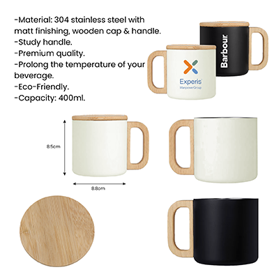 400ml ASHLEY Wooden Handle Stainless Steel Mug