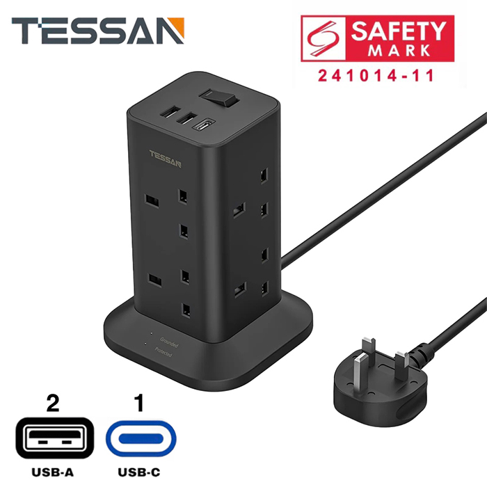 Tessan Tower 8 Sockets Outlet Plug Extension with 2 USB-A & 1 USB-C Ports