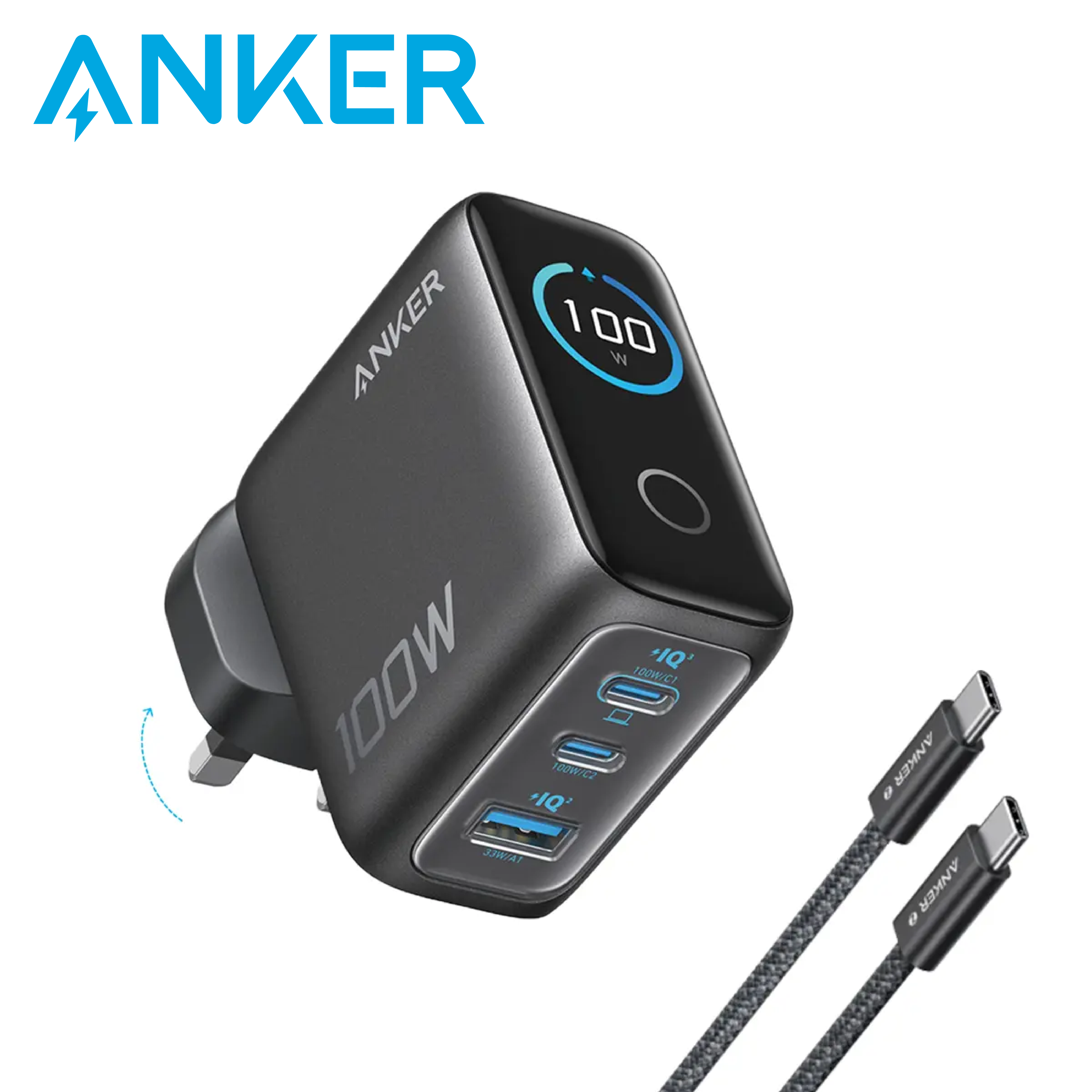 Anker 100W PD Fast Charging 3-Port GaN USB C Charger