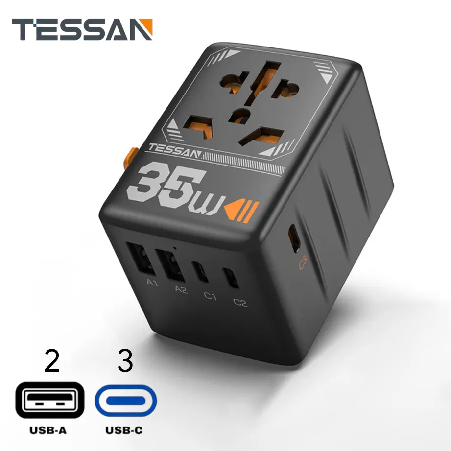 35W Universal Travel Adapter with 3 USB C & 2 USB Charging Ports