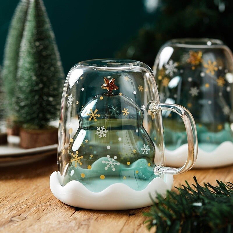 Double Wall Christmas Tree Glass Mug 