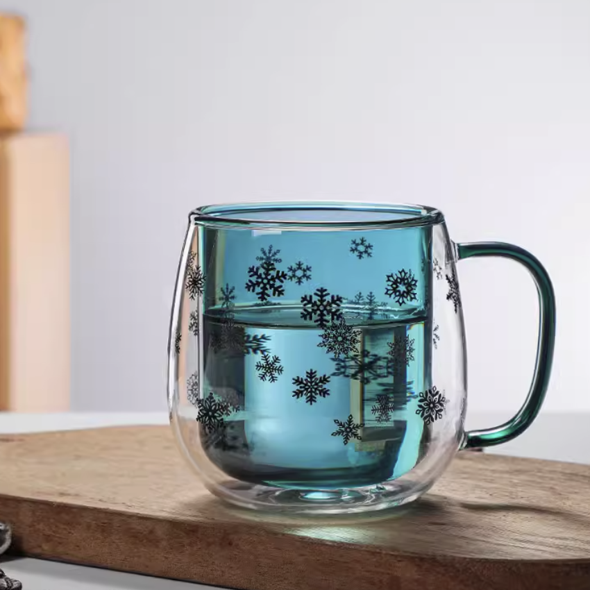 340ml Double Wall Snowflakes Glass Mug 