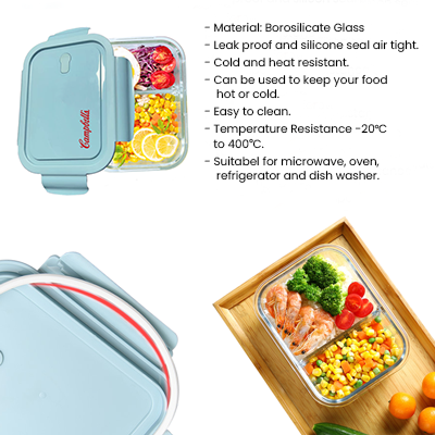 High Borosilicate Glass Lunch 2 Compartment - 1040ml