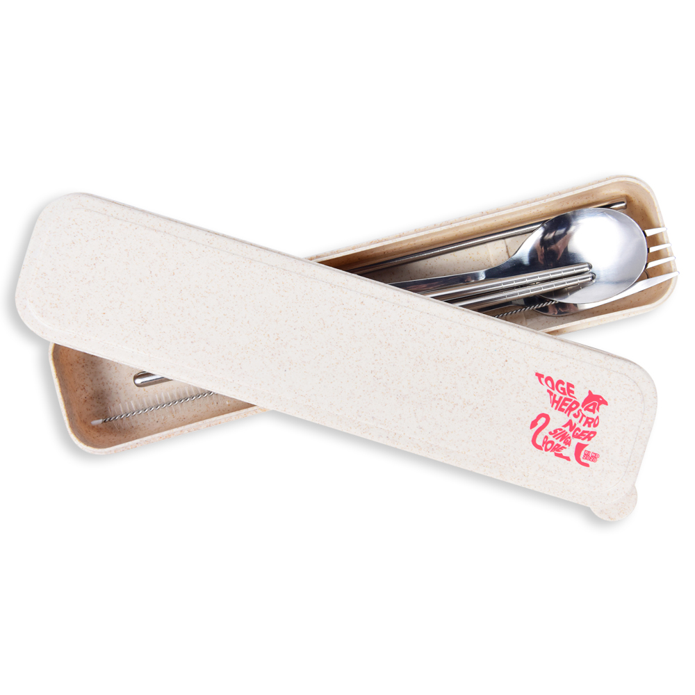Stainless Steel Cutlery Set with Straw in Wheat Case