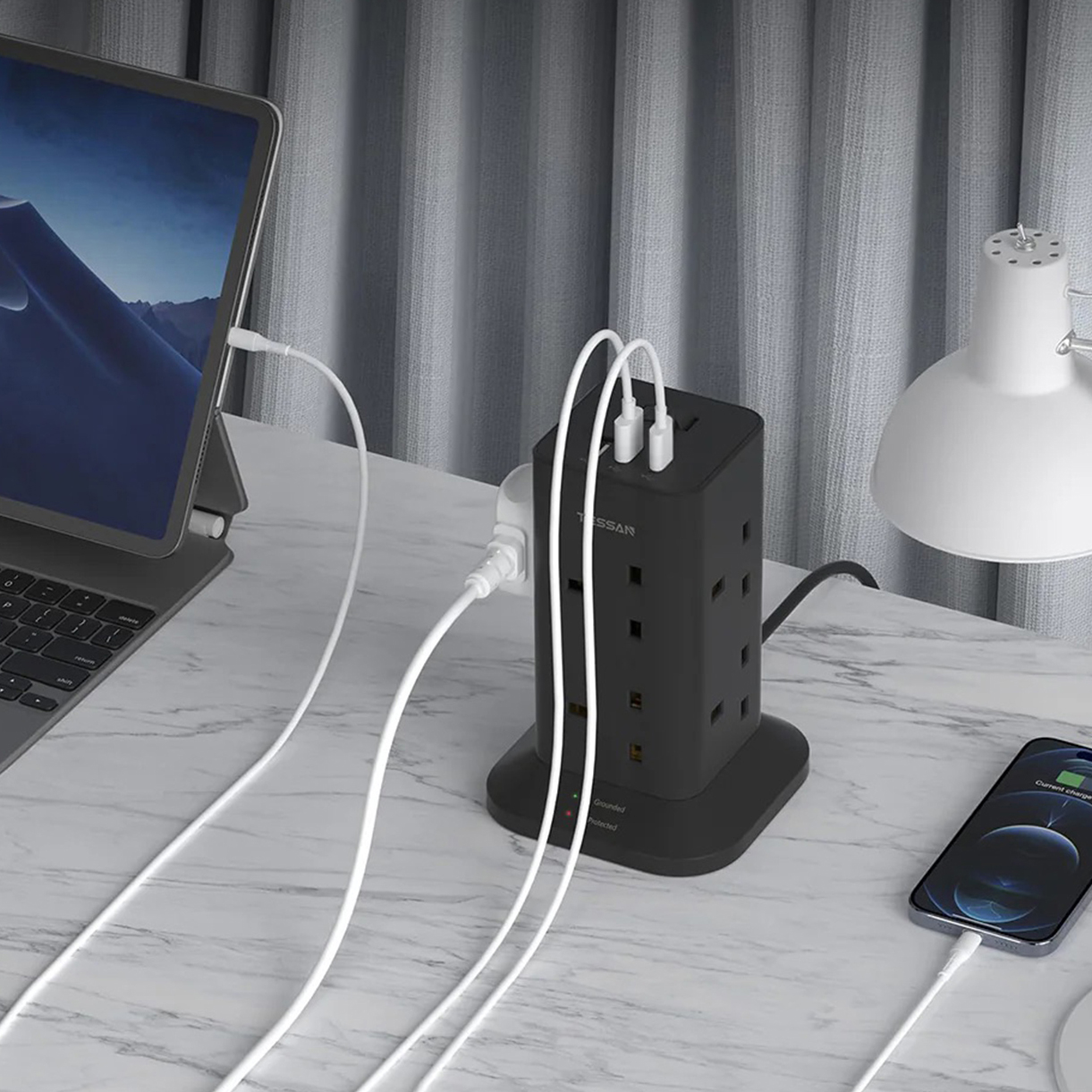 Tessan Tower 8 Sockets Outlet Plug Extension with 2 USB-A & 1 USB-C Ports